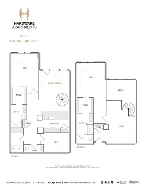 Floor plan for 2 beds, 2.5 baths, 2205 sqft